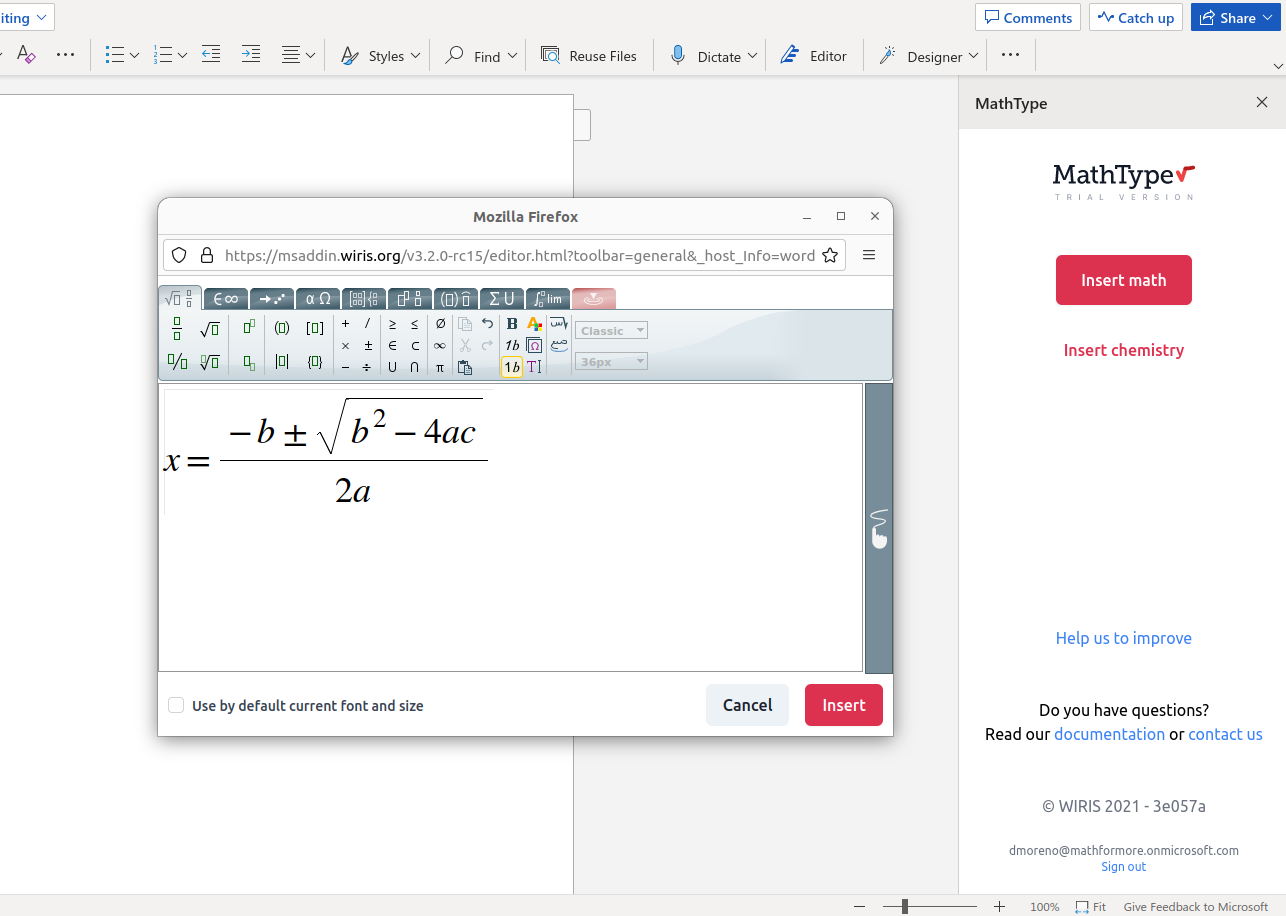 Add-in screenshot with the quadratic formula