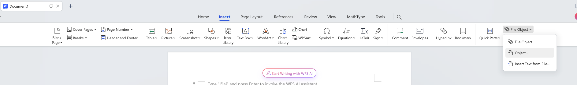 Insert tab in WPS Writer, with the File Object dropdown opened and the Object option clicked.
