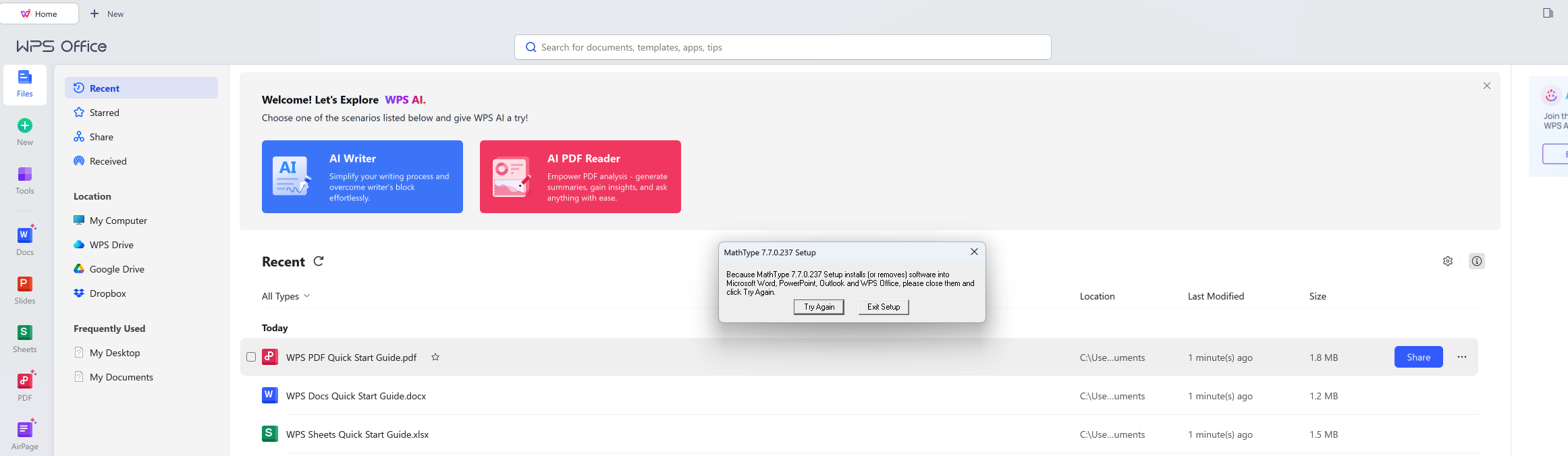 Close WPS during MathType installation message