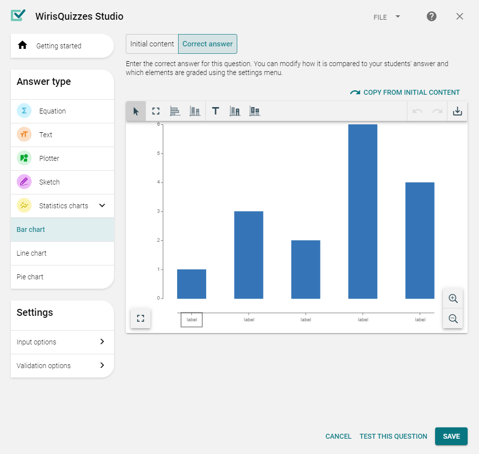 WirisQuizzes Studio interface when Statistics charts answer type is selected