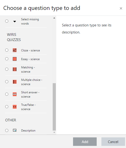 Moodle panel to chose a WirisQuizzes question type to add
