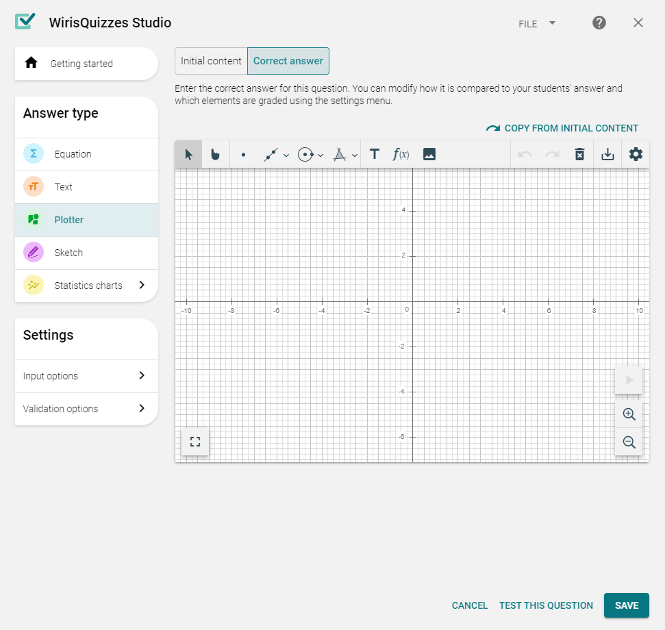 WirisQuizzes Studio interface when Plotter answer type is selected