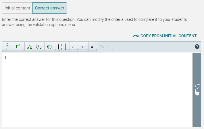 WirisQuizzes Studio main section where you can enter the correct answer for the question and its initial content