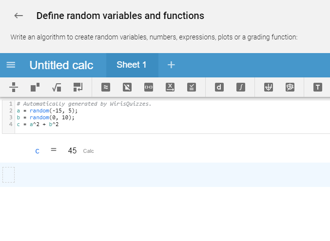 Define random variables and function section with CalcMe as the default calculator