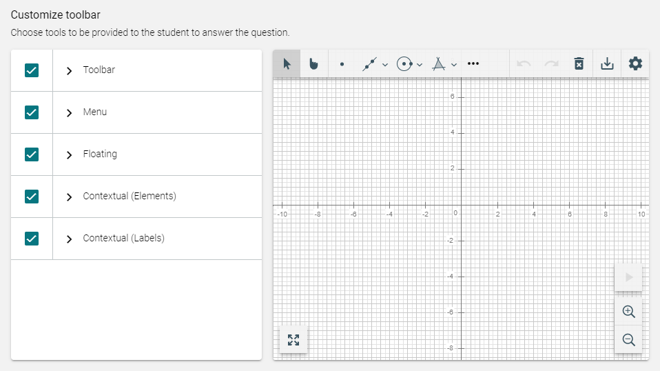 Customized toolbar section to provide students with the tools to answer the question