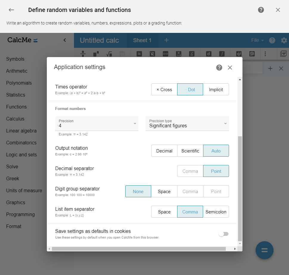 CalcMe application settings panel