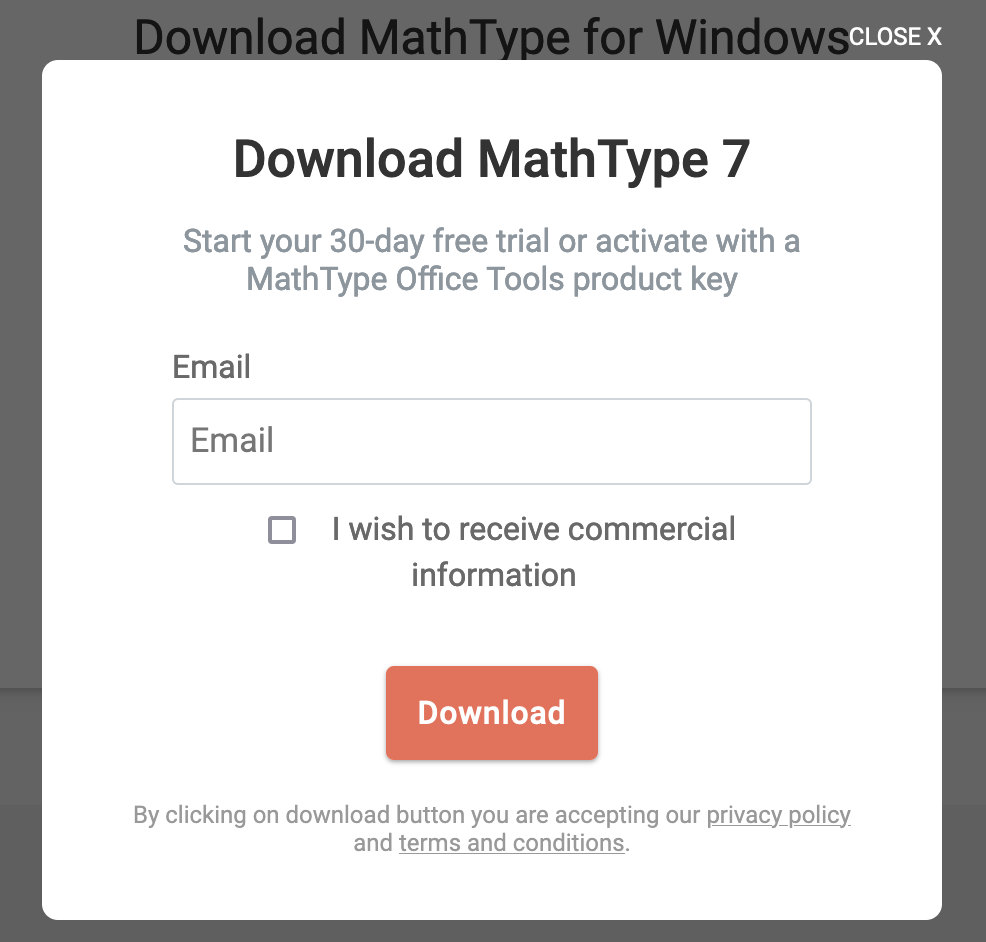 Modal window asking for a valid email before downloading MathType 7 in the Store.