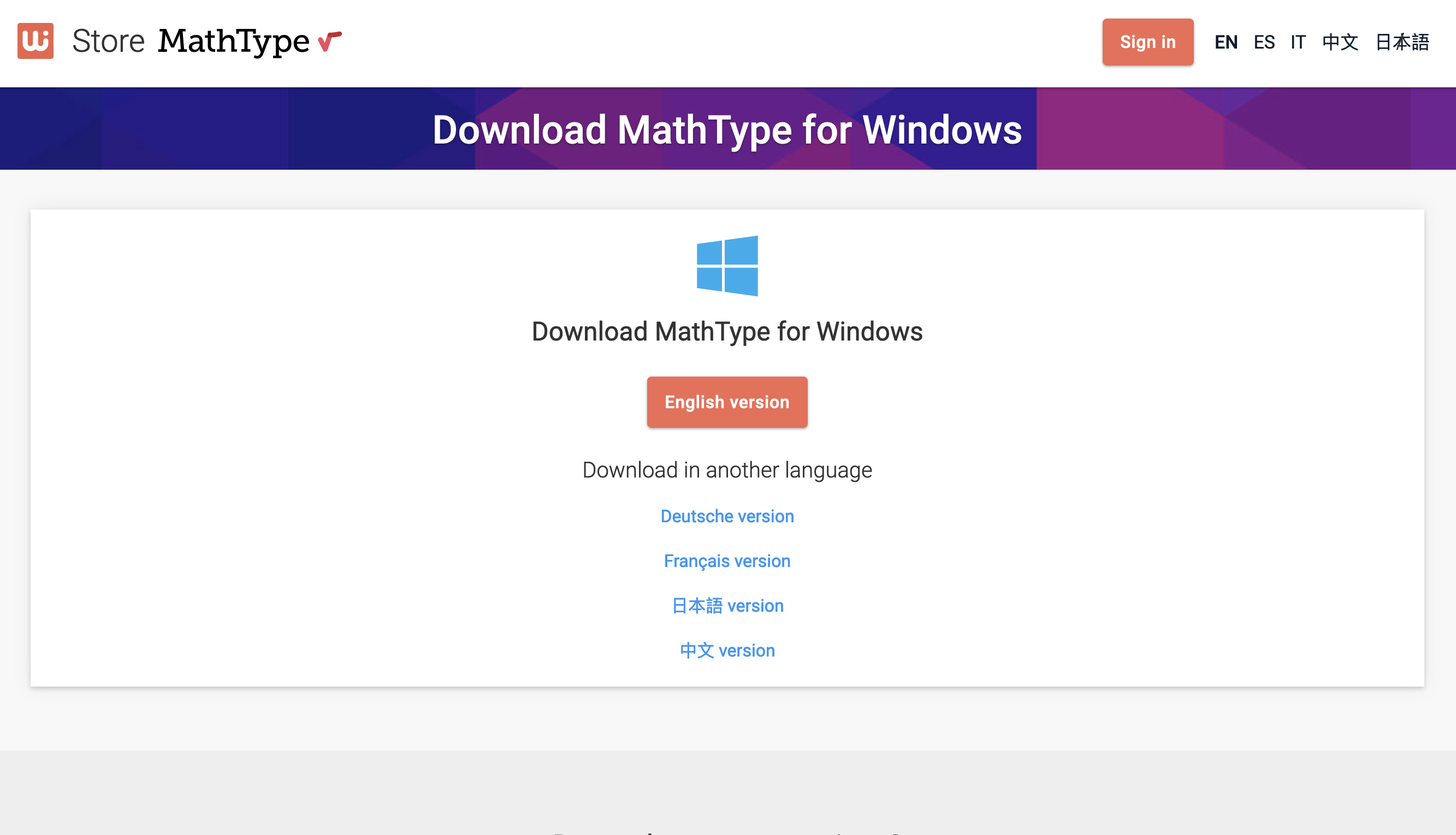 Image of the download page of MathType 7 with the language options