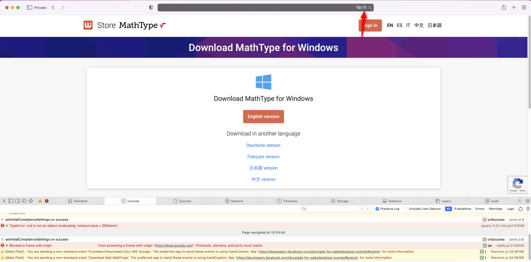 Example of a Safari browser blocking pop-ups and preventing MathType 7 from being downloaded.